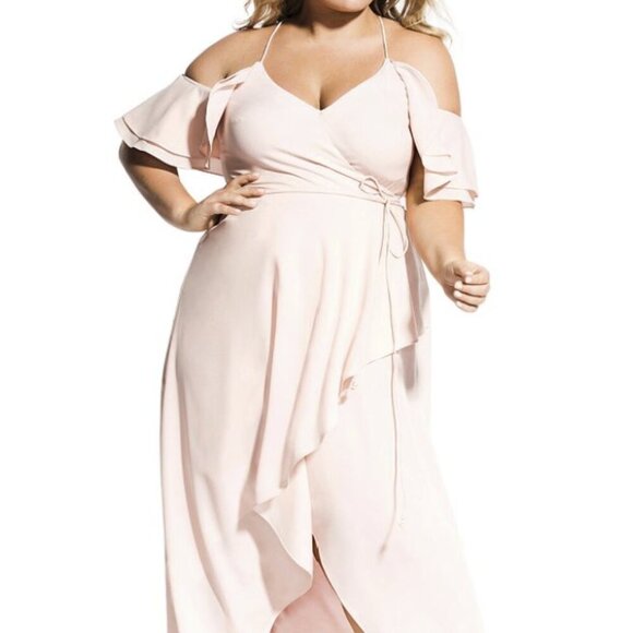 City Chic Pink Wrap Maxi Dress 18 | Cold Shoulder Strappy Formal Gown - Picture 1 of 16